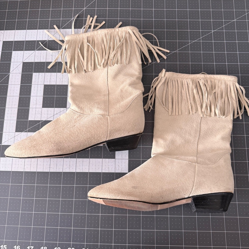 Vintage Western Boho Country Suede Fringe Cream Boots 7.5M Festival Retro Staple - Picture 2 of 7